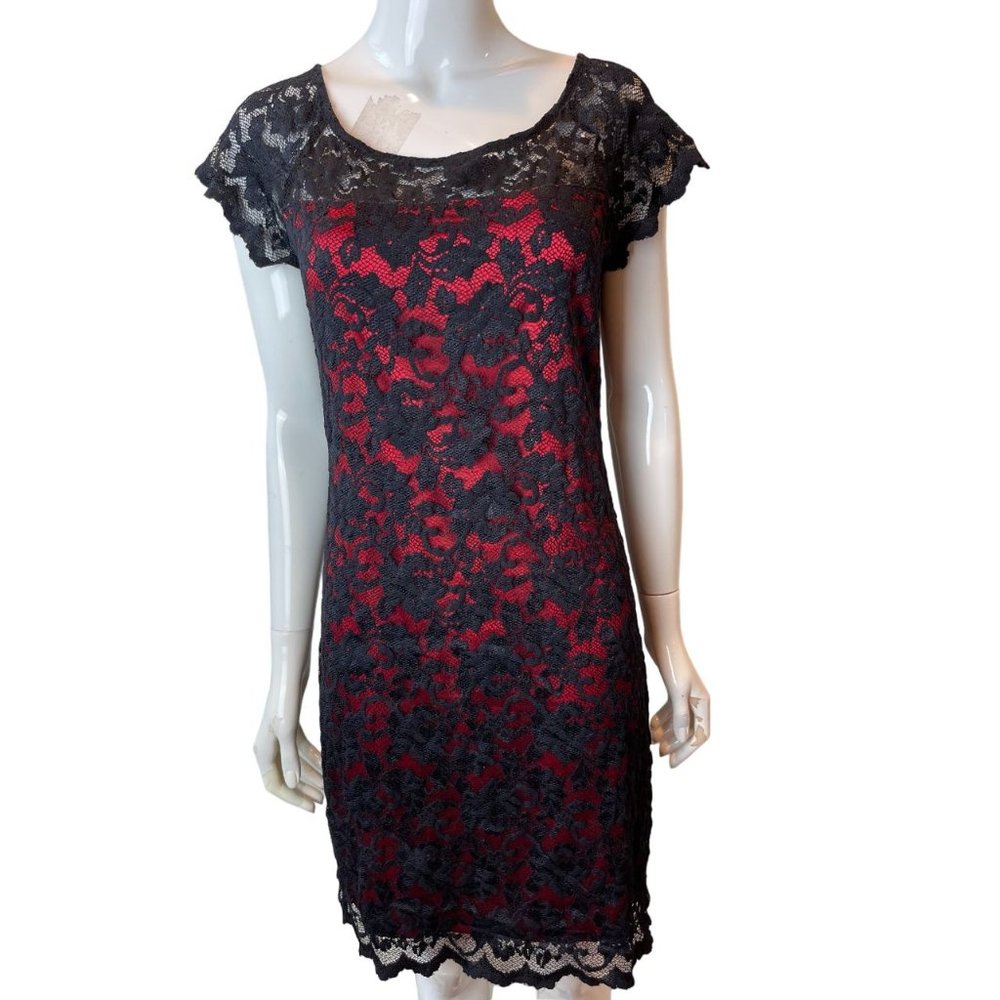 Andrea Behar Boston Proper Womens Lace Shift Dress Back Keyhole Red Black Size 6